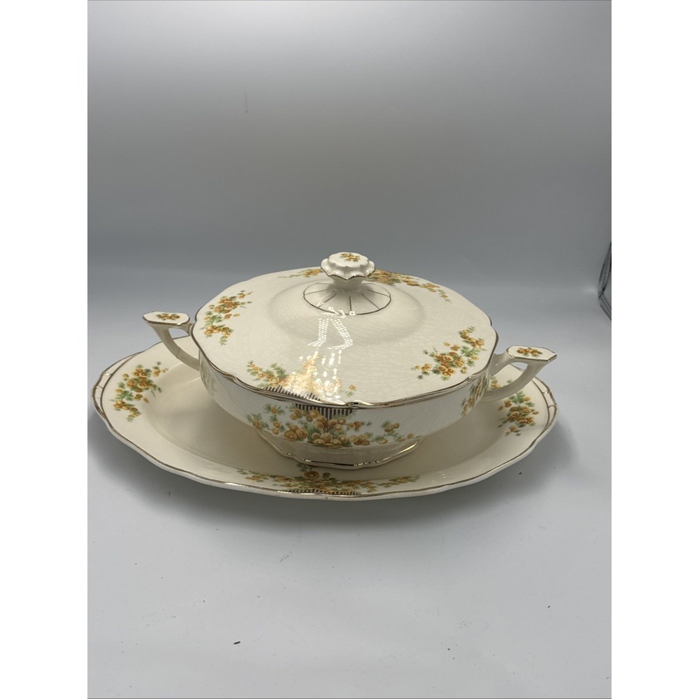 Carrollton USA Covered Tureen Yellow Floral Underplate Gold Trim 13in VTG 1920s